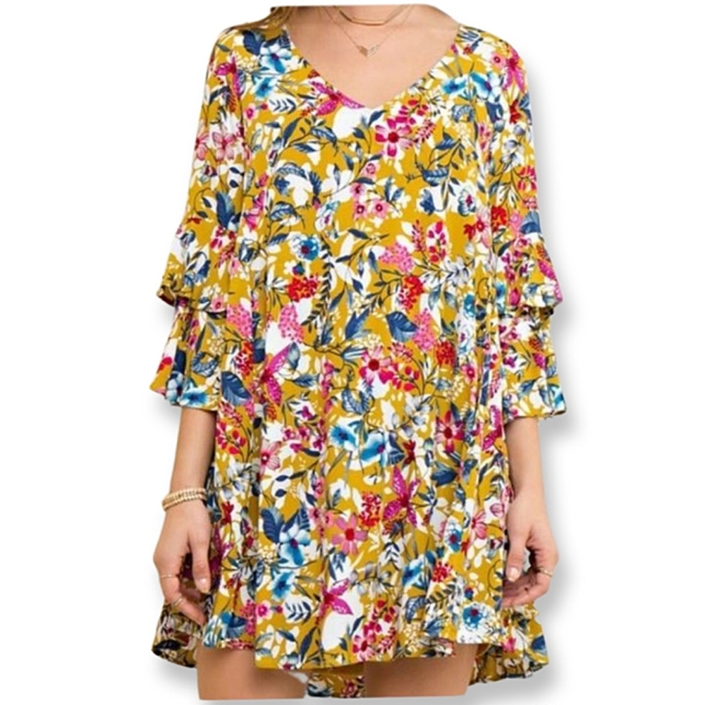 VICI ENTRO Tropical Vibe Cut Out Back Floral Print Tiered Sleeve Tunic Dress L - Picture 1 of 16
